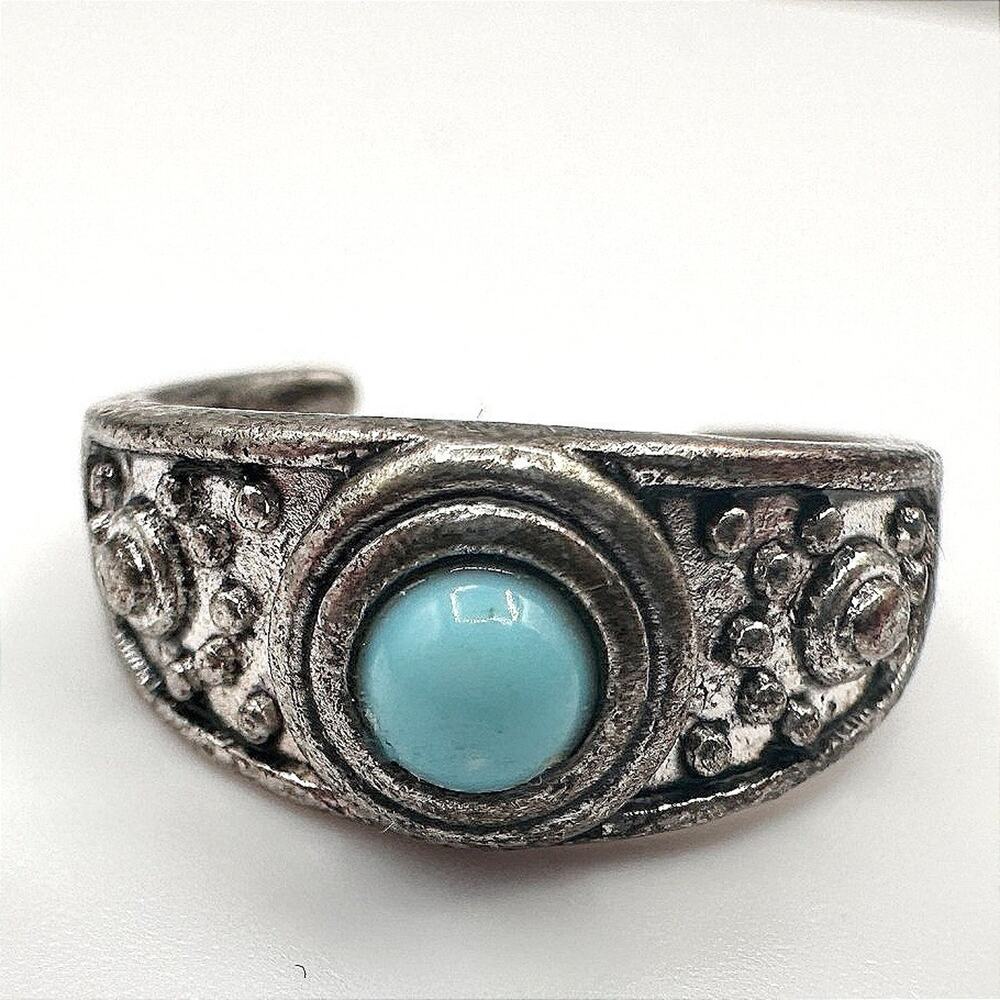 Vintage 90s Silver Tone Blue Glass Cabochon Ring Boho Women's Classic Jewelry